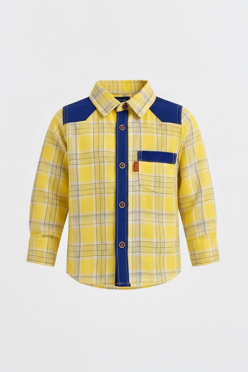 Boys’ Checkered Multi-Color Long Sleeve Button Up Shirt Plaid Contrast Shoulders | Sizes 2-12Years | MH