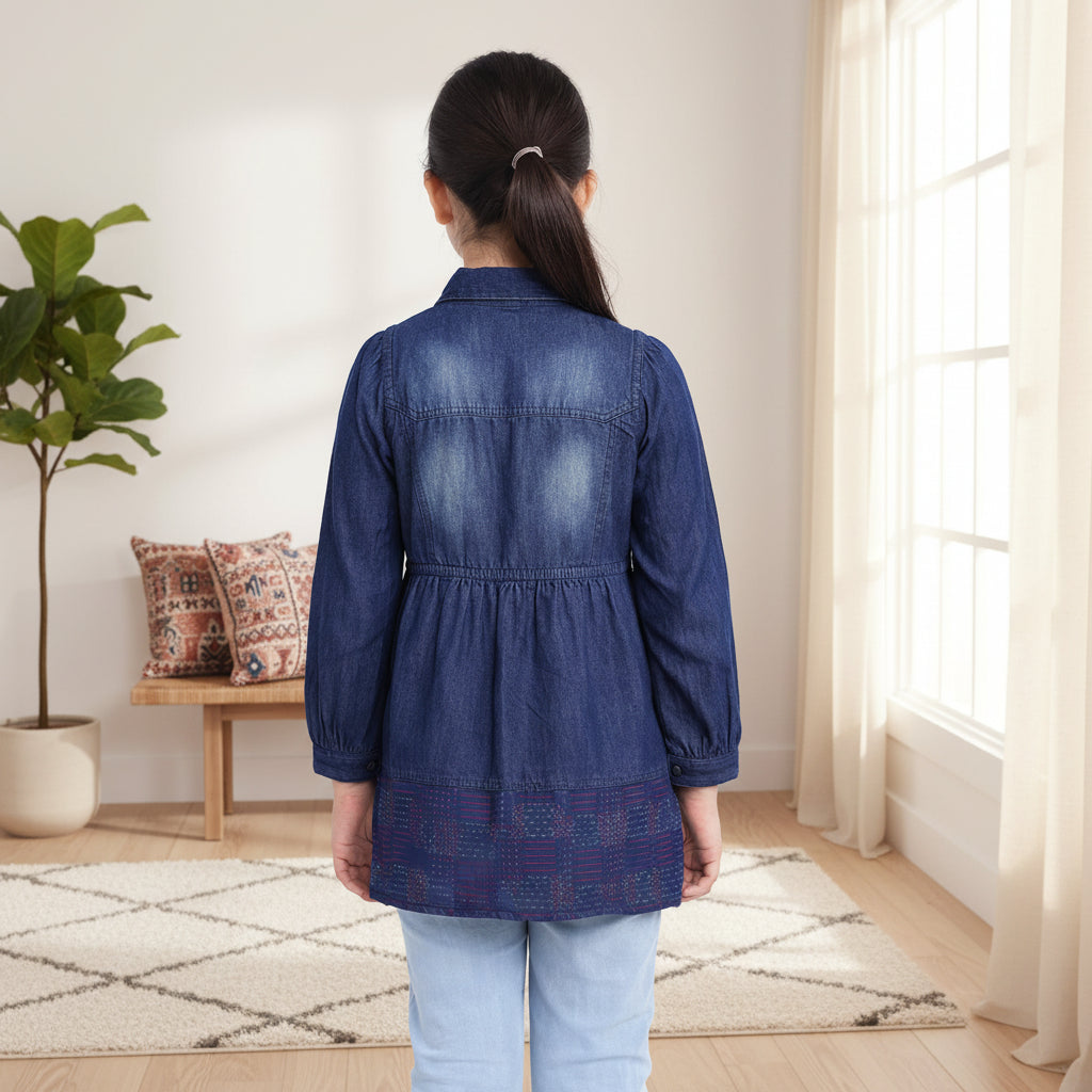 Girls Washed Blue Denim Button-Down Tunic (2–12 Years)