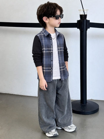 Trendy Kids Cotton Long Sleeve Shirt – Check Pattern & Knit Sleeve Design (1-12yrs)MH
