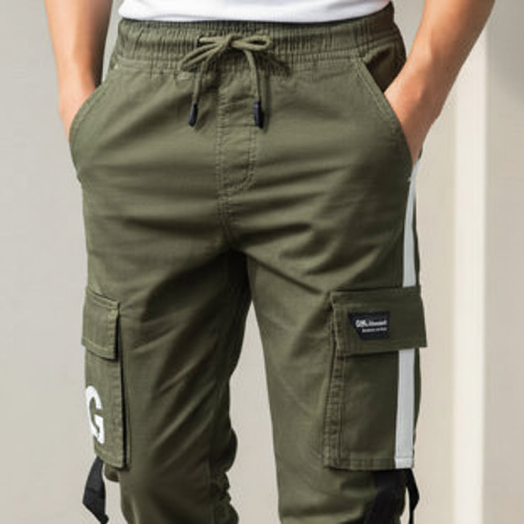 Big Boys Olive Cargo Jogger Trousers Ages 9-16 - Multiple Pockets Drawstring Pants | MH