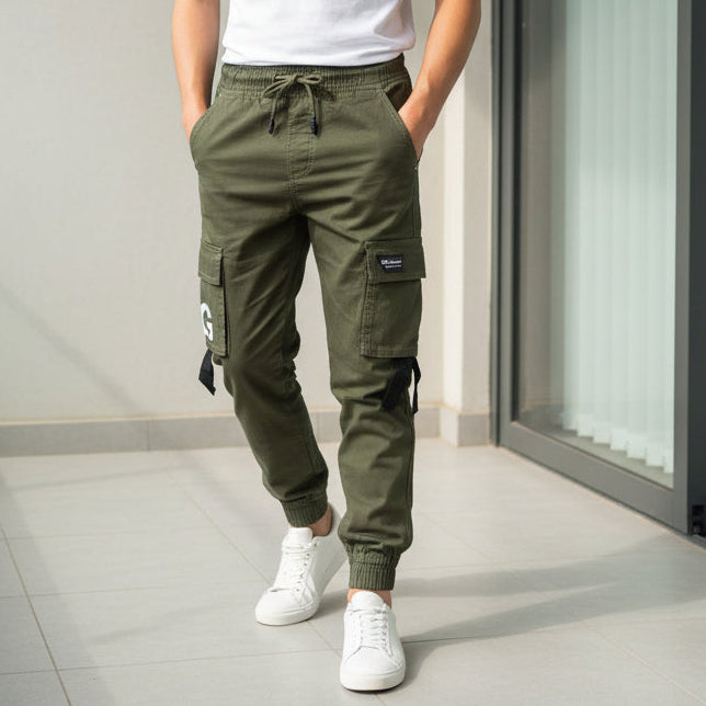 Big Boys Olive Cargo Jogger Trousers Ages 9-16 - Multiple Pockets Drawstring Pants | MH
