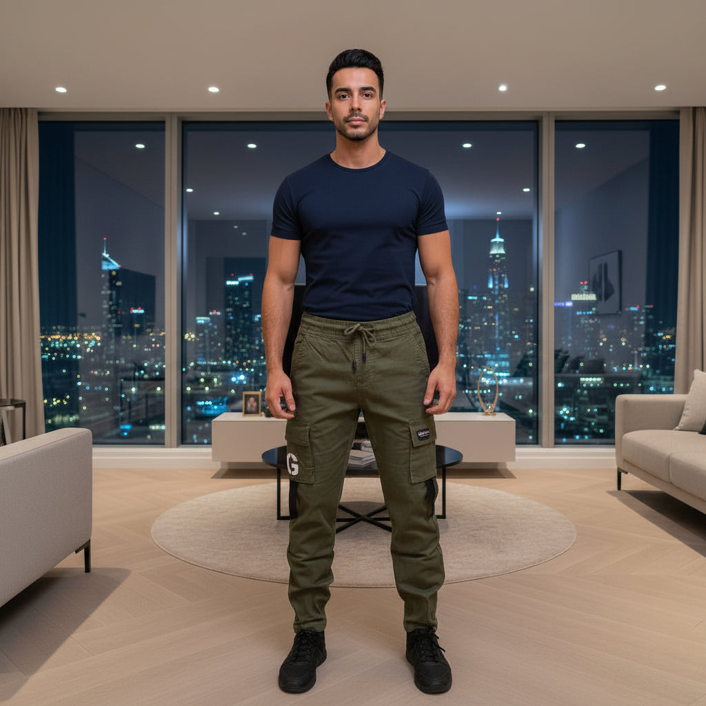 Young Men’s Olive Green Cargo Joggers 17-24 Years | Stylish Multiple Pockets Jogger Pants with “G” Patch | MH