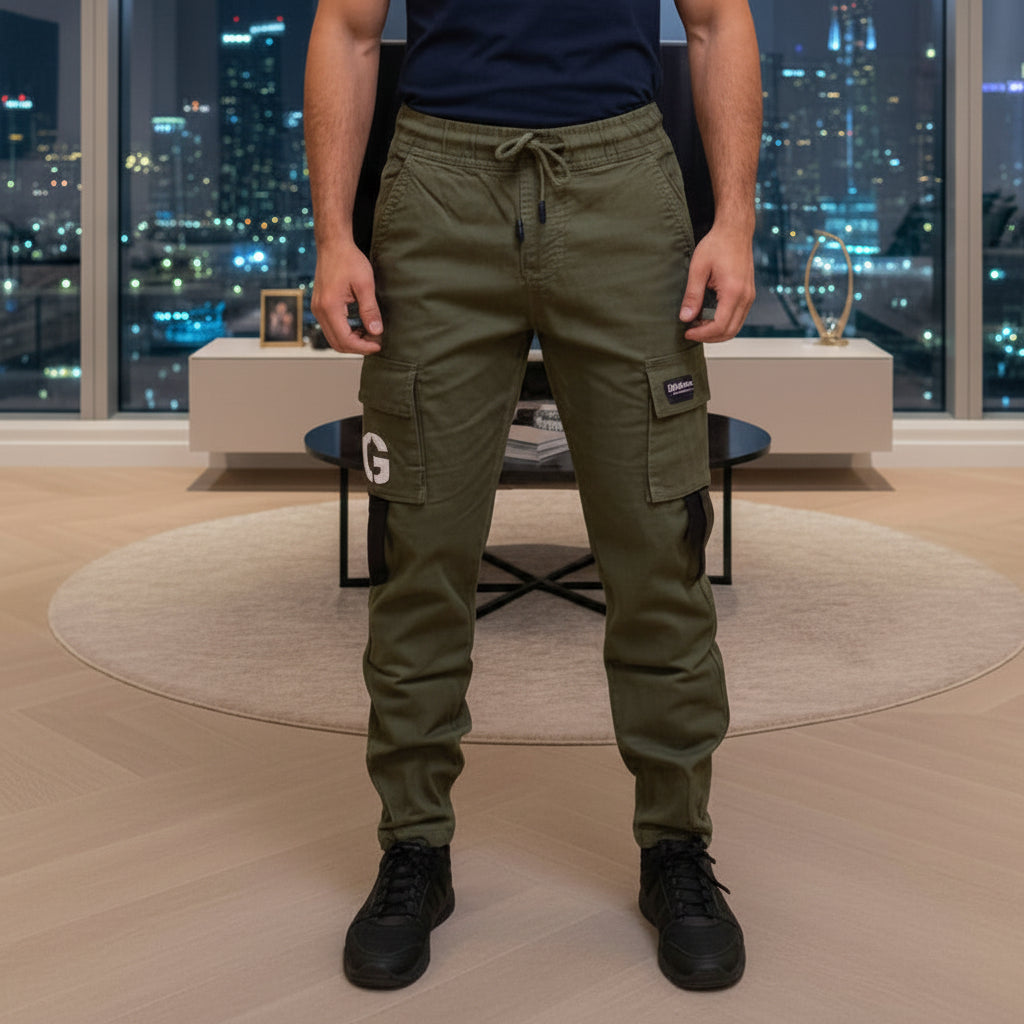 Young Men’s Olive Green Cargo Joggers 17-24 Years | Stylish Multiple Pockets Jogger Pants with “G” Patch | MH