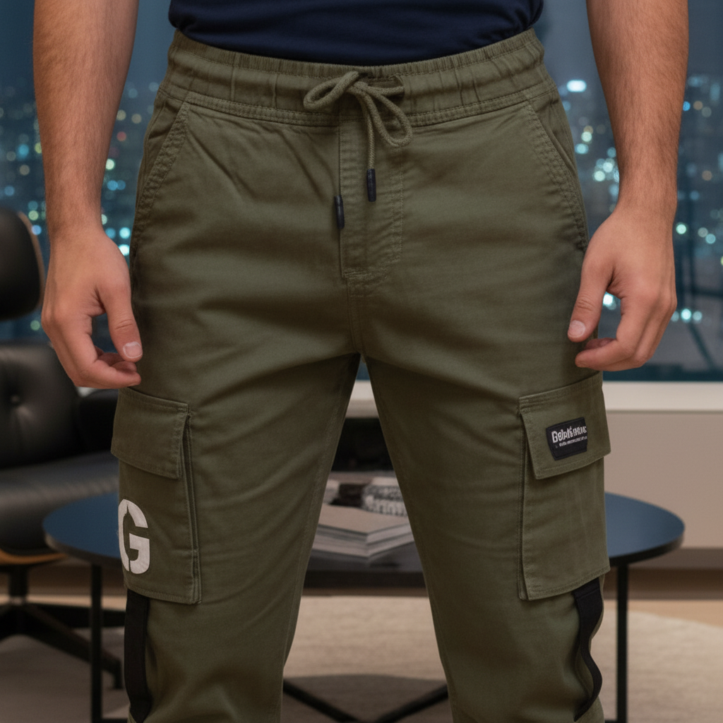 Young Men’s Olive Green Cargo Joggers 17-24 Years | Stylish Multiple Pockets Jogger Pants with “G” Patch | MH