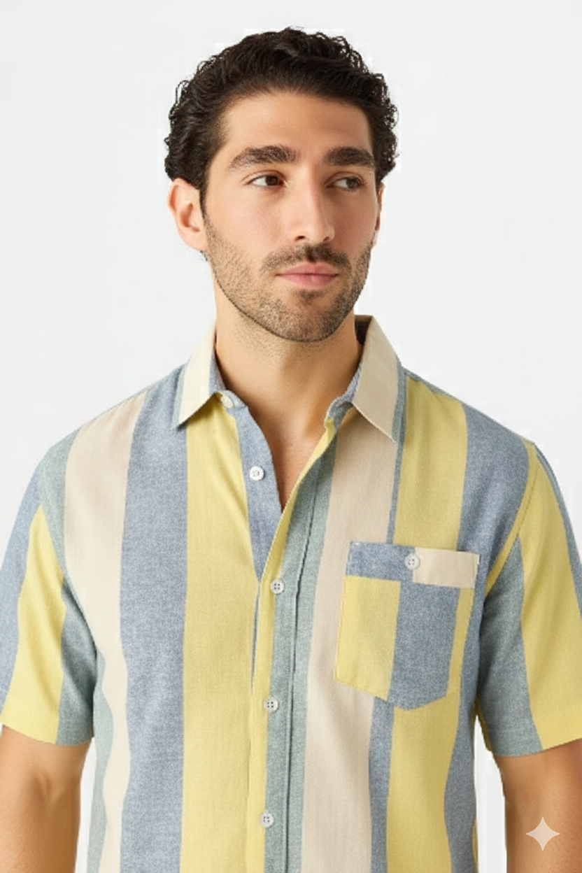 Men’s Yellow Blue & Cream Bold Stripe Short Sleeve Shirt | Contrast Chest Pocket Relaxed Fit | Casual Summer | Sizes S–XL | MH