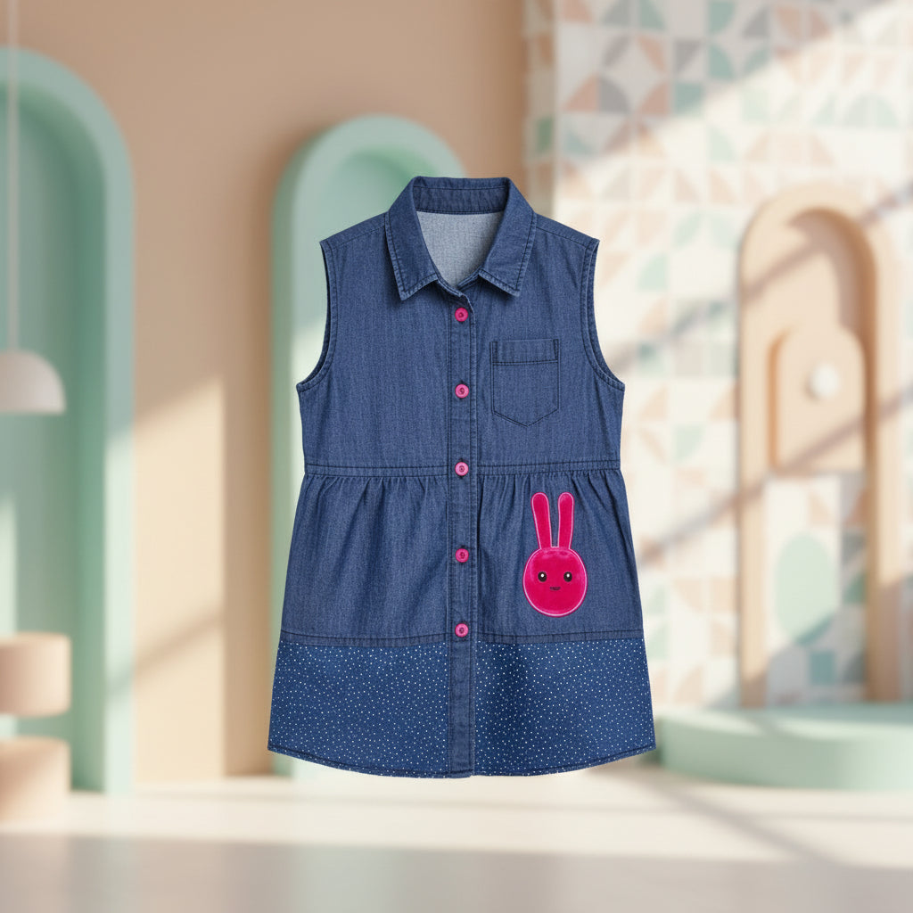 Sleeveless Button-Front Denim Dress with Cute Bunny Patch Detail |MH Size (2-12Years)