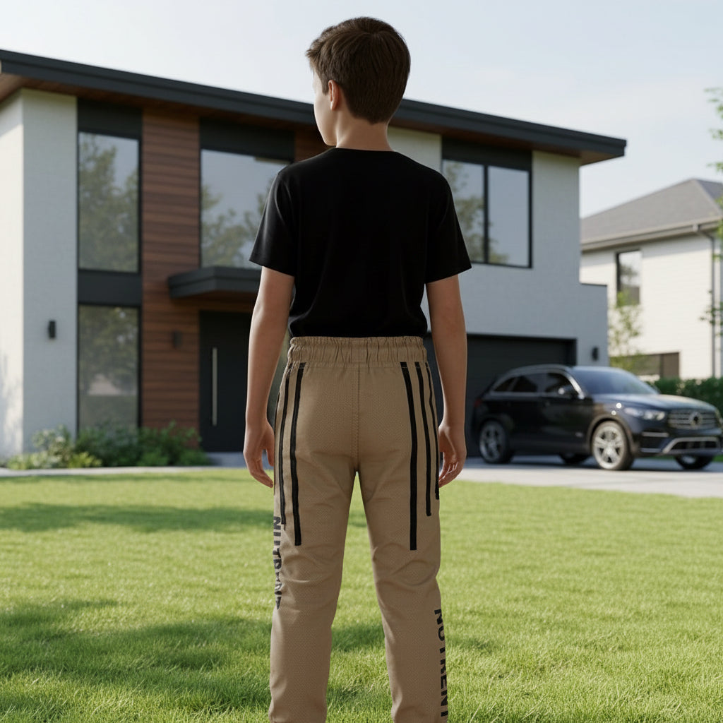 Boys Beige Jogger Trousers Ages 9 to 16 - Everyday Drawstring Pants with Black Side Detail | MH