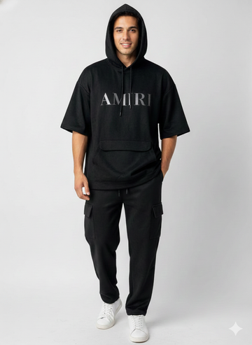 Oversized Fit Hooded Short-Sleeve Pullover with Utility Cargo Joggers