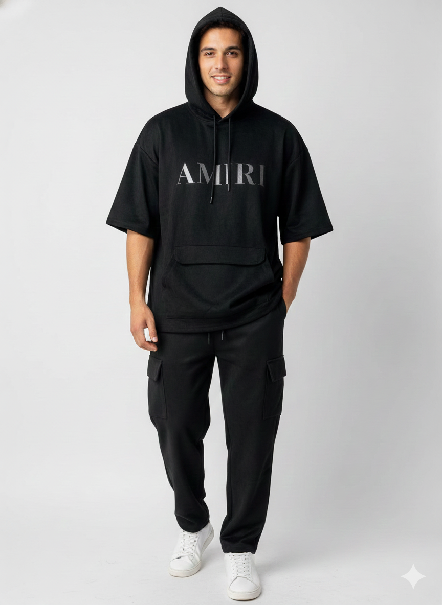 Oversized Fit Hooded Short-Sleeve Pullover with Utility Cargo Joggers