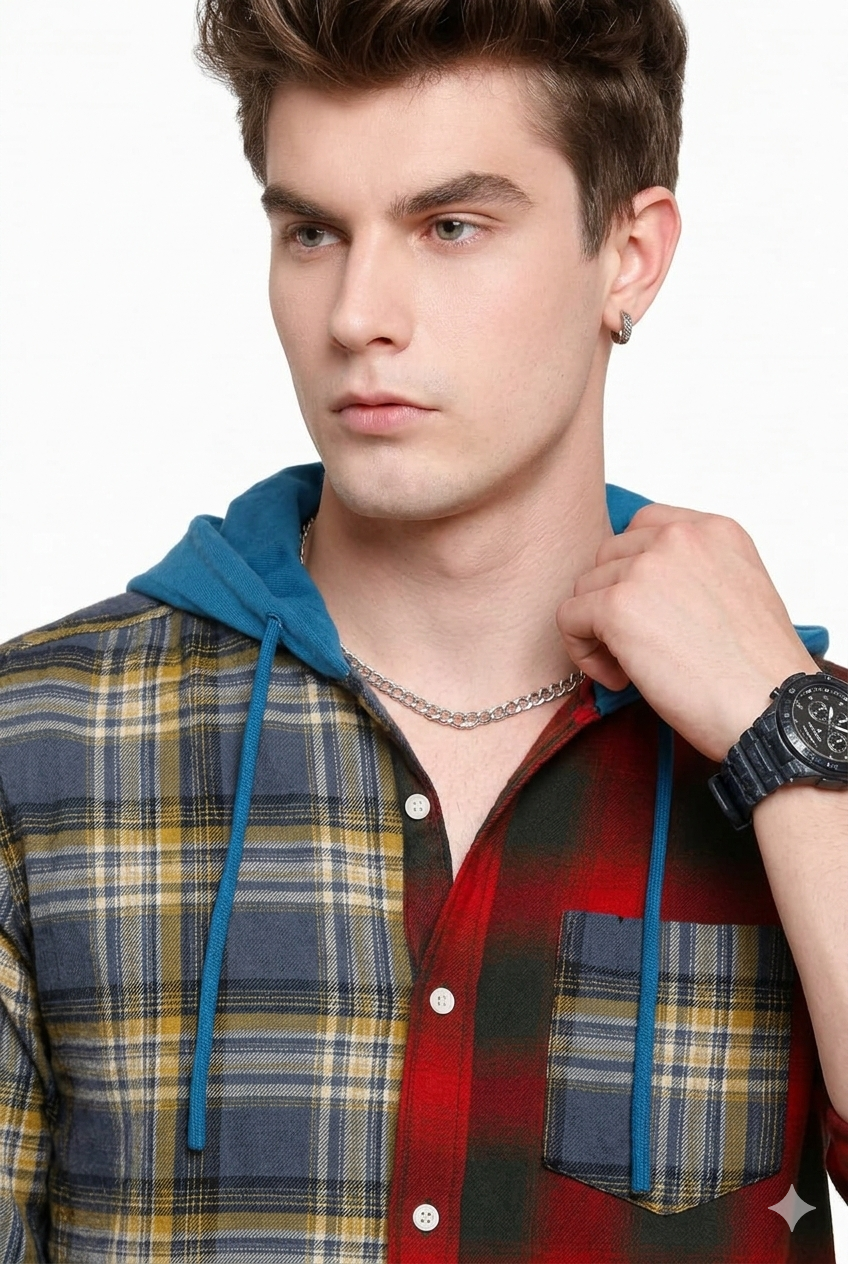 Two-Tone Plaid Hoodie Shirt – Blue-Yellow & Red-Green with Blue Hood | Sizes S-XXL | MH