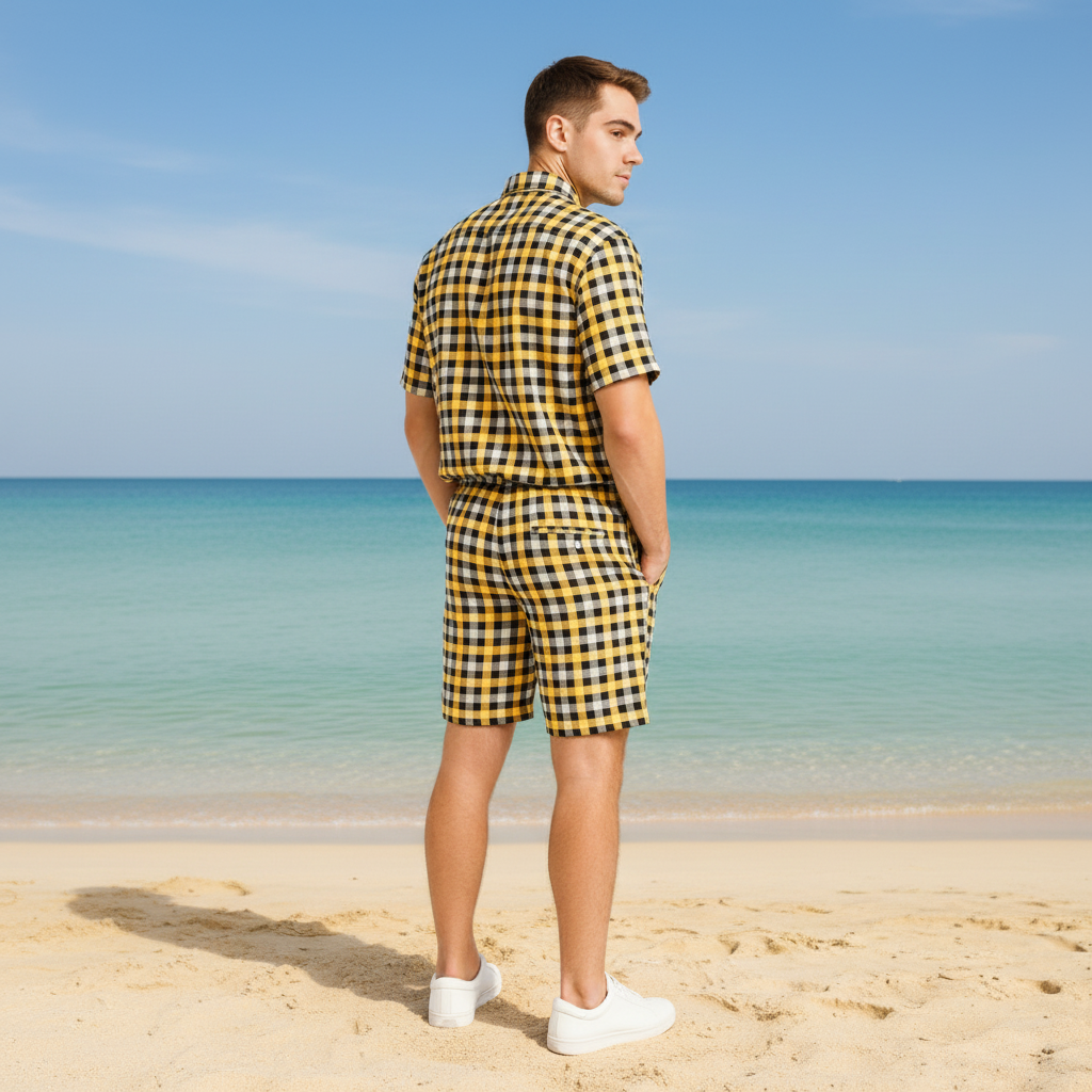 Men's Gingham Check Normal Collar Shirt and Shorts Set | 5 Colors | Sizes S-XXL | MH