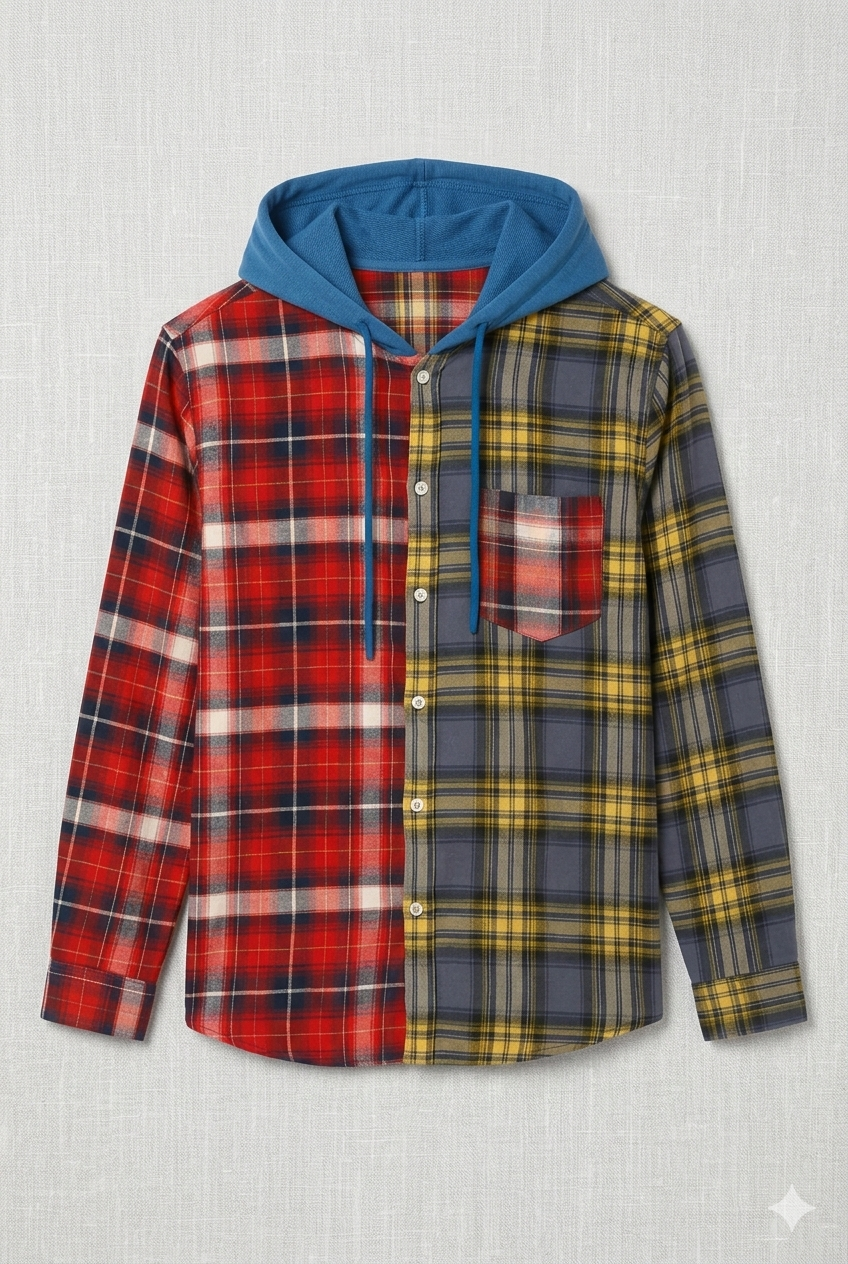 Men’s Colorblock Plaid Flannel Shirt with Blue Hood | Sizes S-XXL | MH