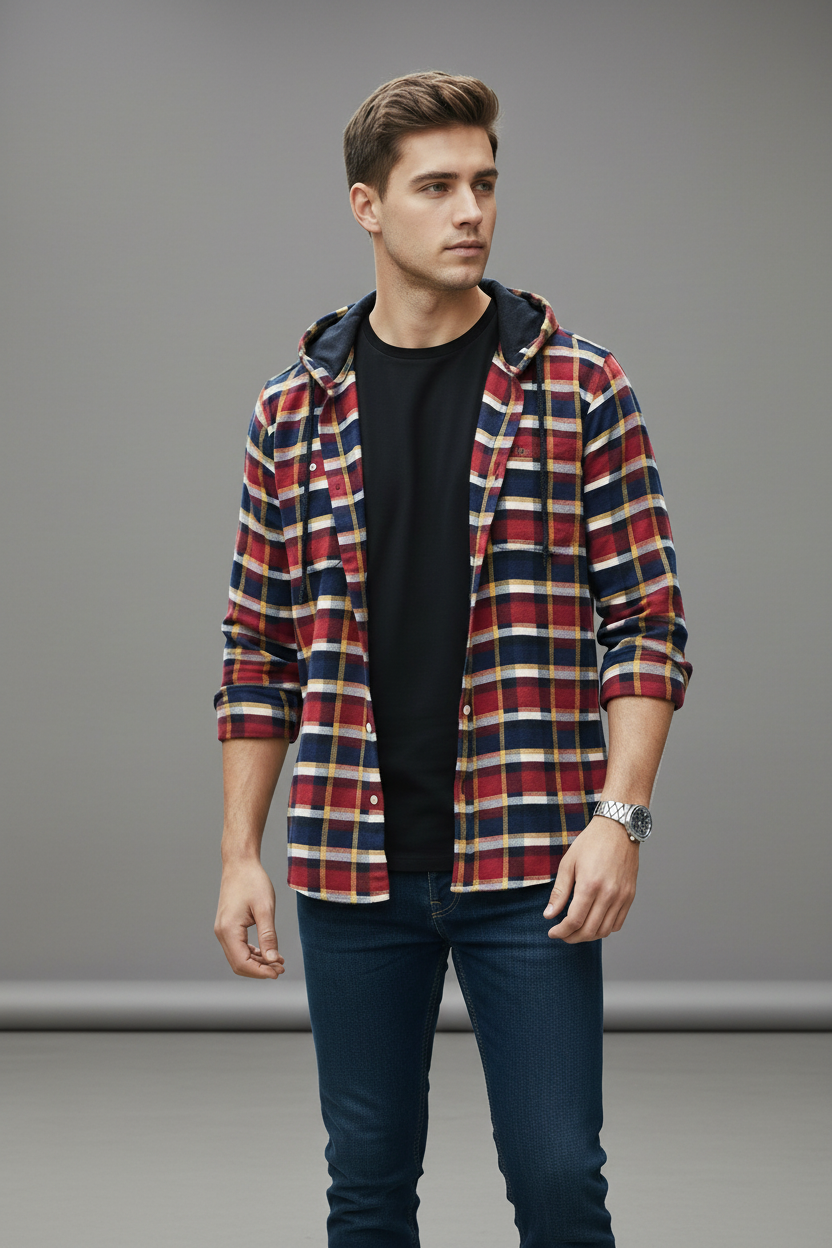 Men’s Hooded Flannel Plaid Check Shirt Jacket | 4 Colours | Shacket Long Sleeve | Sizes S–XXL | MH
