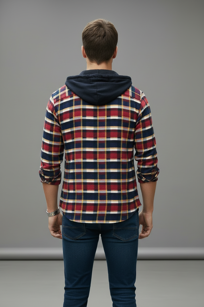 Men’s Hooded Flannel Plaid Check Shirt Jacket | 4 Colours | Shacket Long Sleeve | Sizes S–XXL | MH