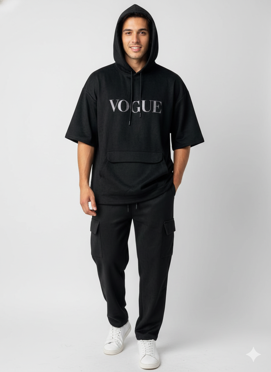 Oversize Fit Hooded Half-Sleeve Pullover Hoodie with Fap Pocket & Cargo Joggers