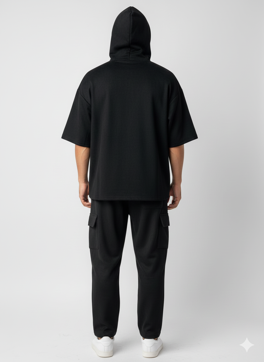 Oversize Fit Hooded Half-Sleeve Pullover Hoodie with Fap Pocket & Cargo Joggers
