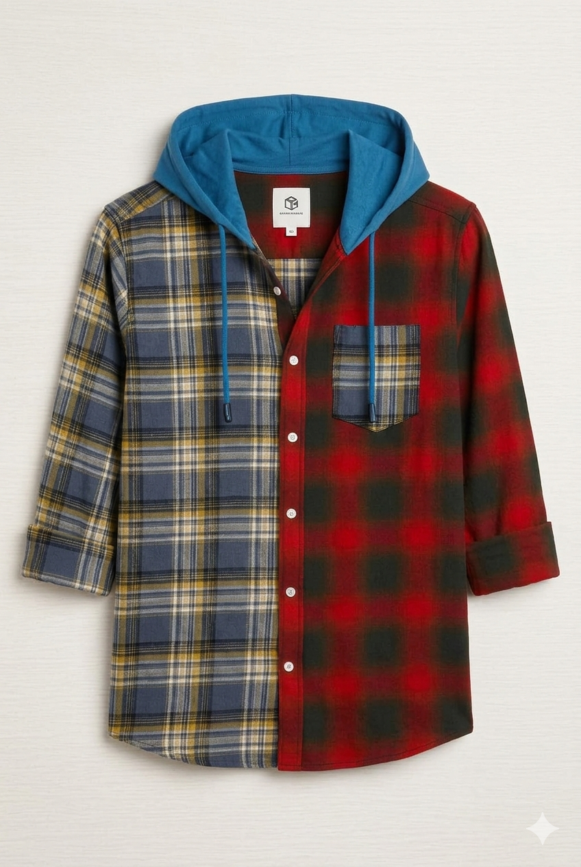 Two-Tone Plaid Hoodie Shirt – Blue-Yellow & Red-Green with Blue Hood | Sizes S-XXL | MH