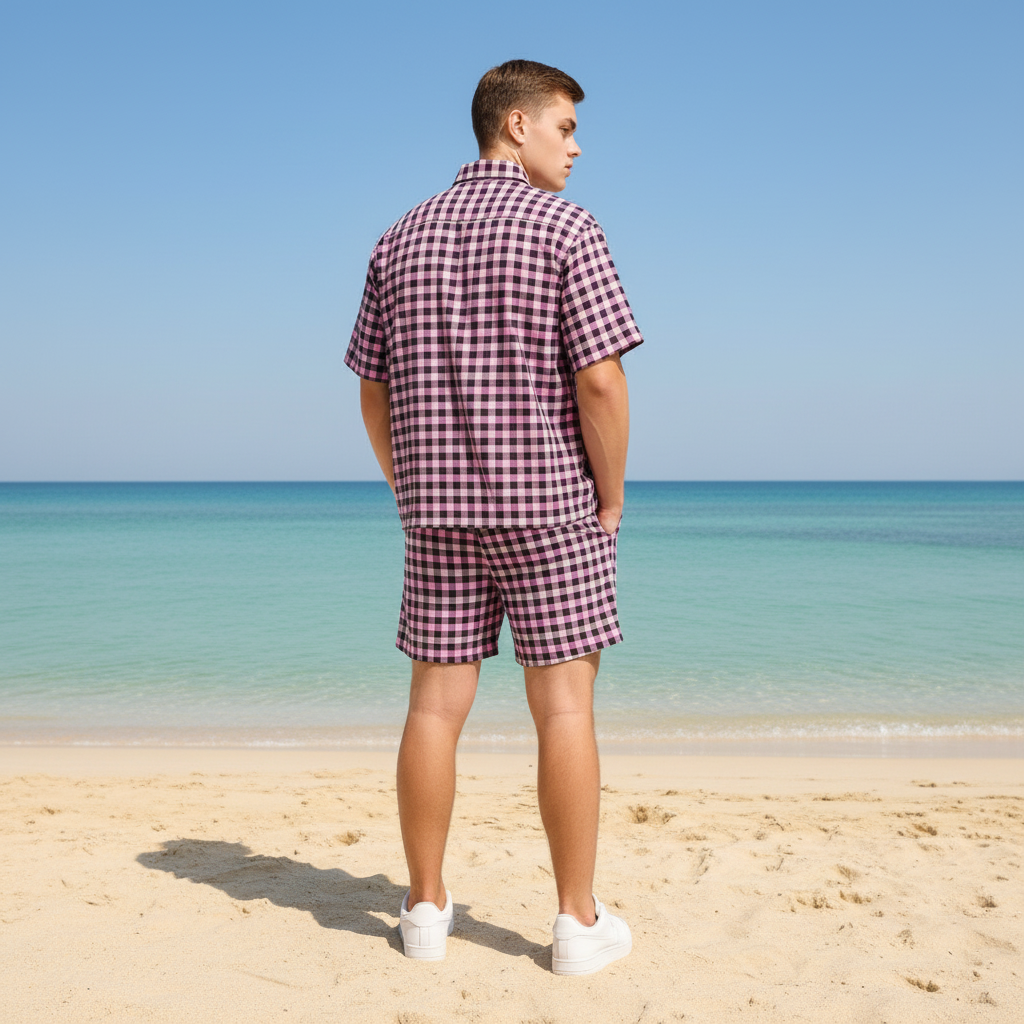 Men's Gingham Check Normal Collar Shirt and Shorts Set | 5 Colors | Sizes S-XXL | MH