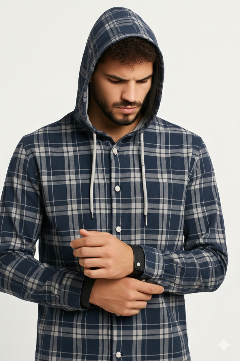 Men’s Navy Blue Checkered Hooded Casual Shirt – Full Sleeve | Sizes S-XXL | MH
