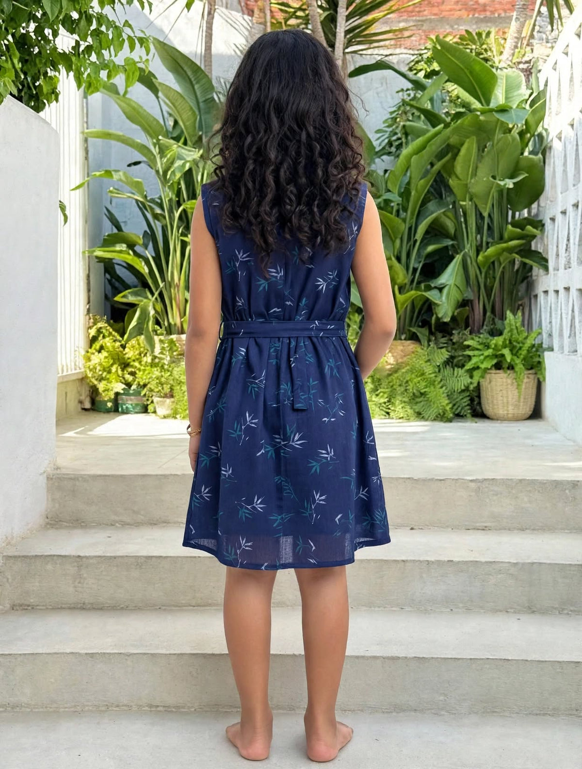 Girls Navy Blue Bamboo Print Sleeveless Dress with Belt | MH Kids Summer Casual Dress Age(2-12Years)