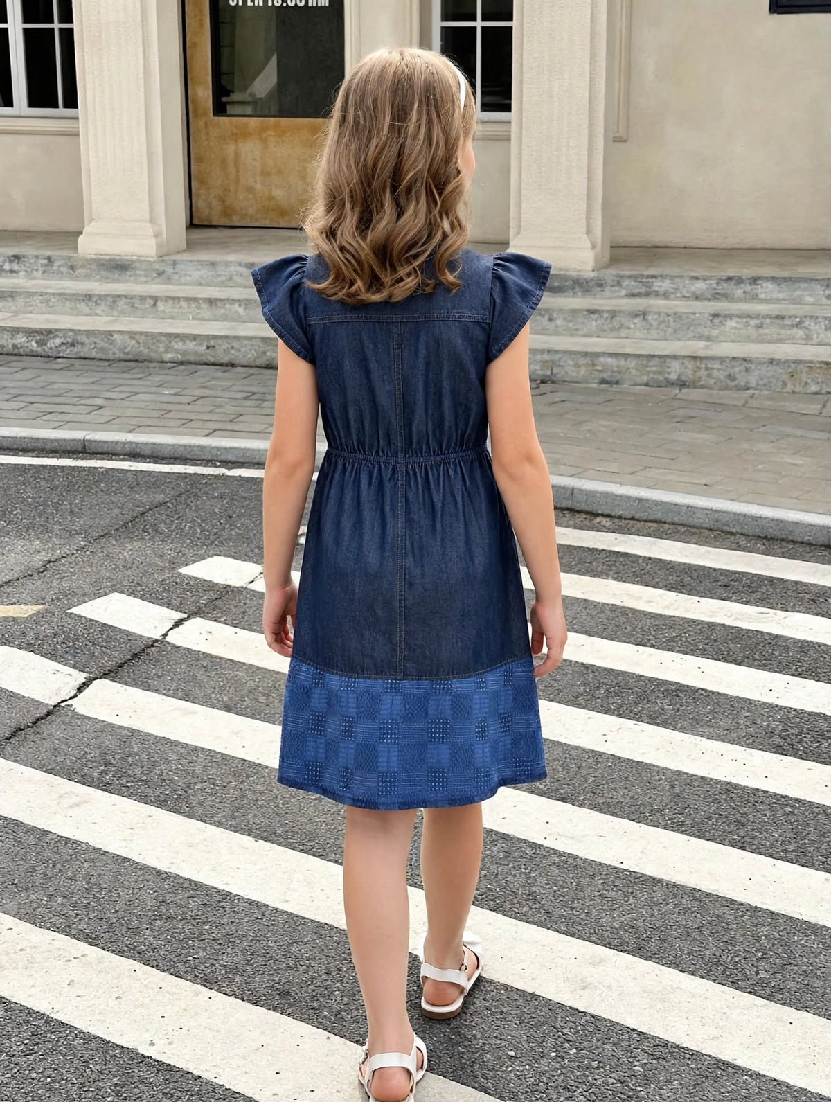 Girls Navy Blue Cap Sleeve Shirt Dress with Button Front & Cute Bunny Patch (2–12 Years)