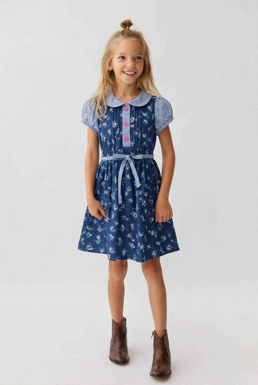 Elegant Floral Button-Front Girls Dress with Waist Tie Detail,Sizes(2-12Years) | MH