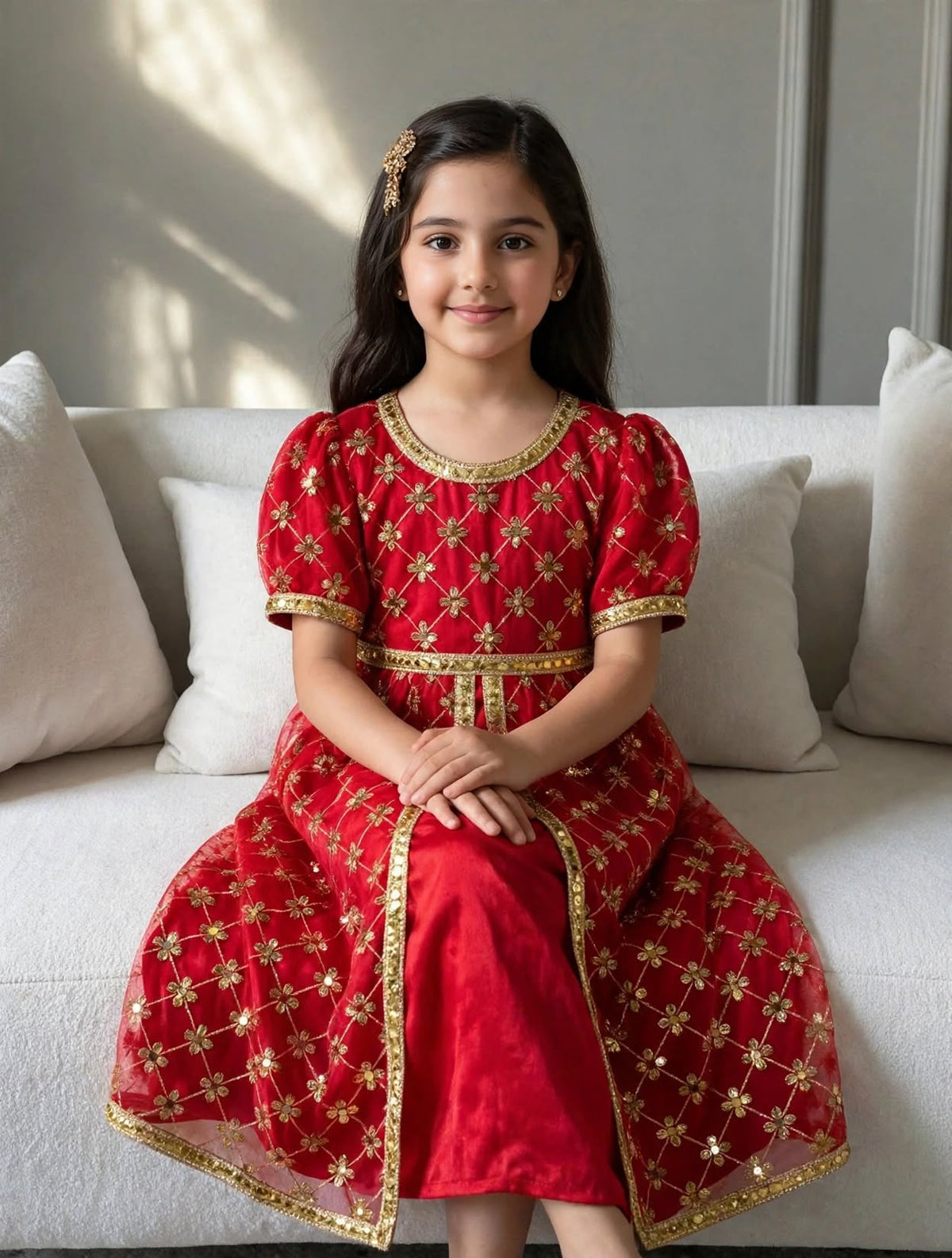 Red Gold Embroidered Girls Abaya Dress with Belt - Modest Islamic Kaftan for Kids | 4, 8 & 10 Years | MH