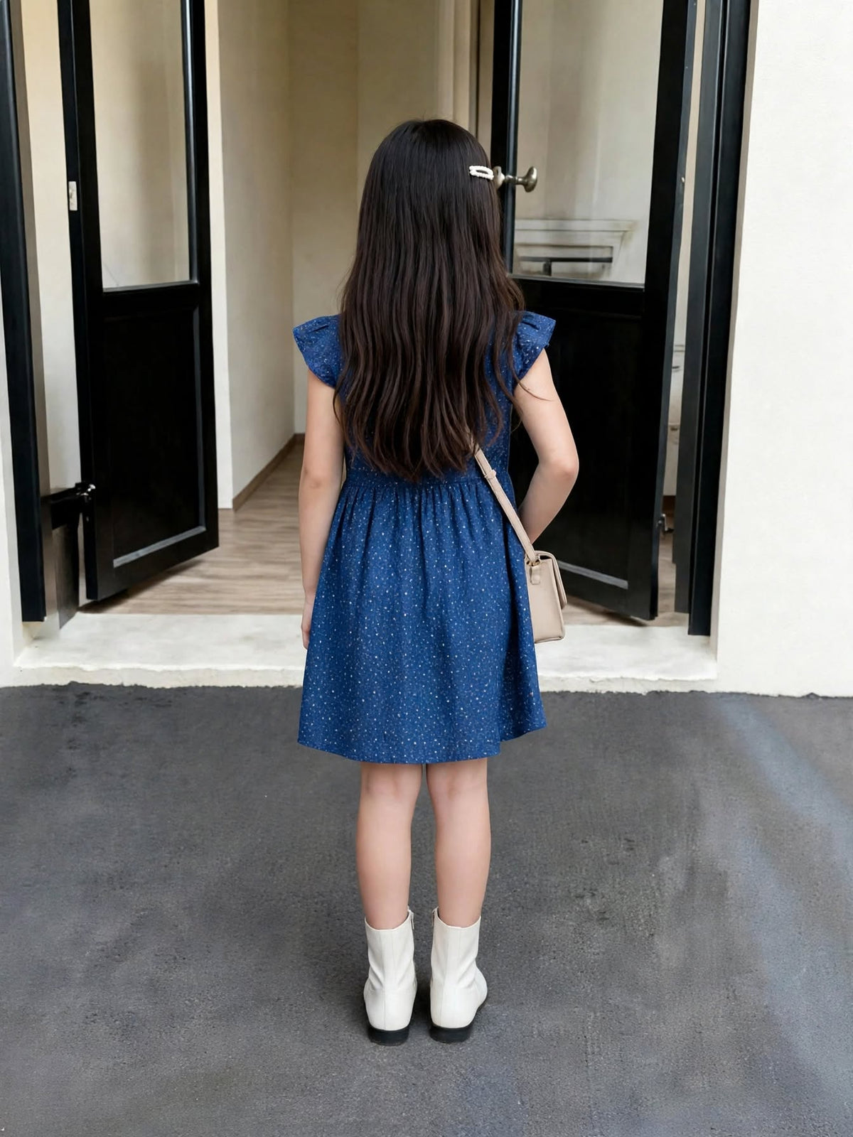 Girls Navy Blue Speckle Print Denim Dress | Peter Pan Collar Red Trim & Buttons Flutter Sleeves | Ages 6-24 Months | MH