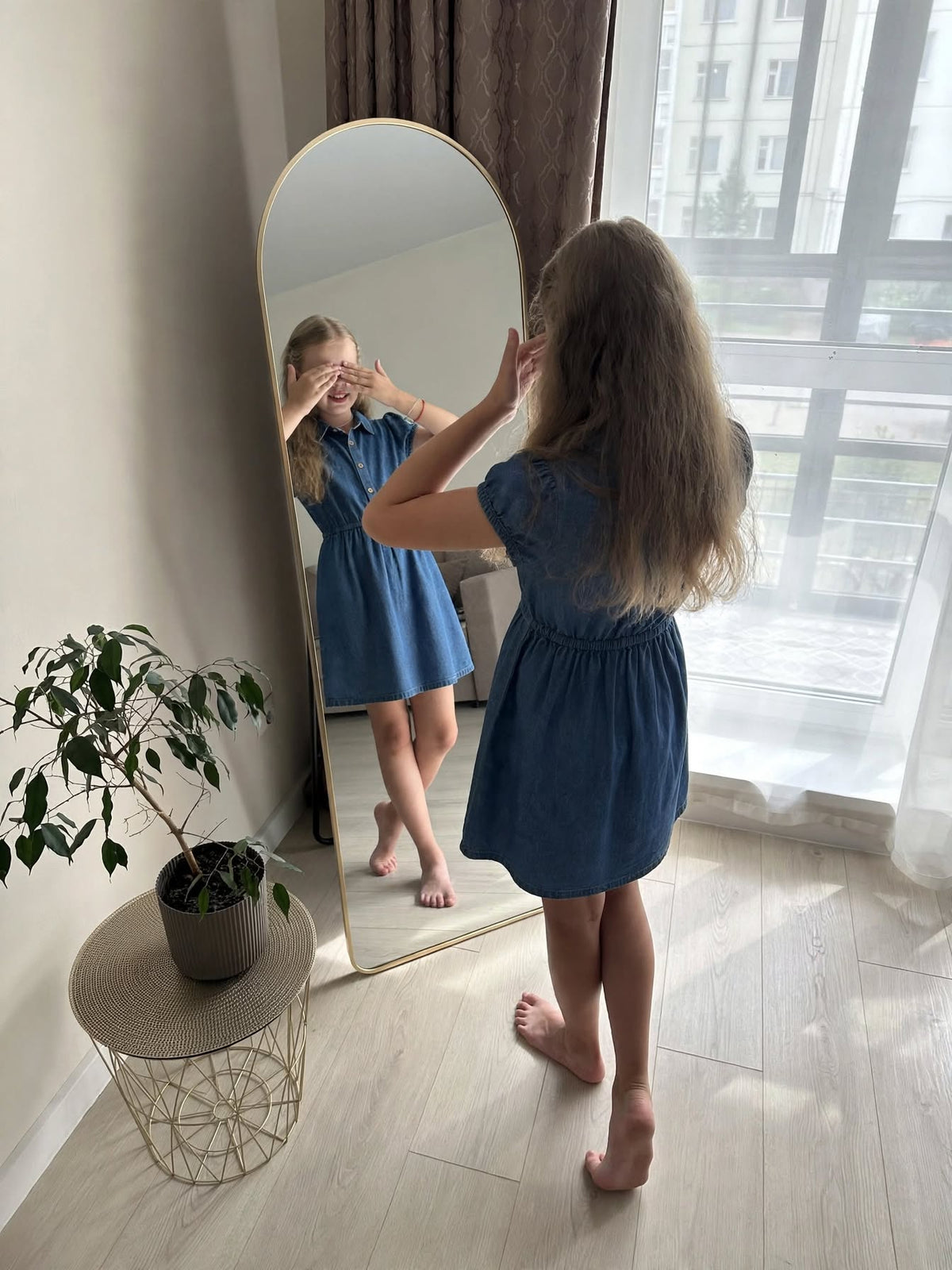 Girls Mid Blue Denim Puff Sleeve Dress | Mandarin Collar Pink Buttons Elasticated Waist | Smart Casual | Ages 2–12 Years | MH