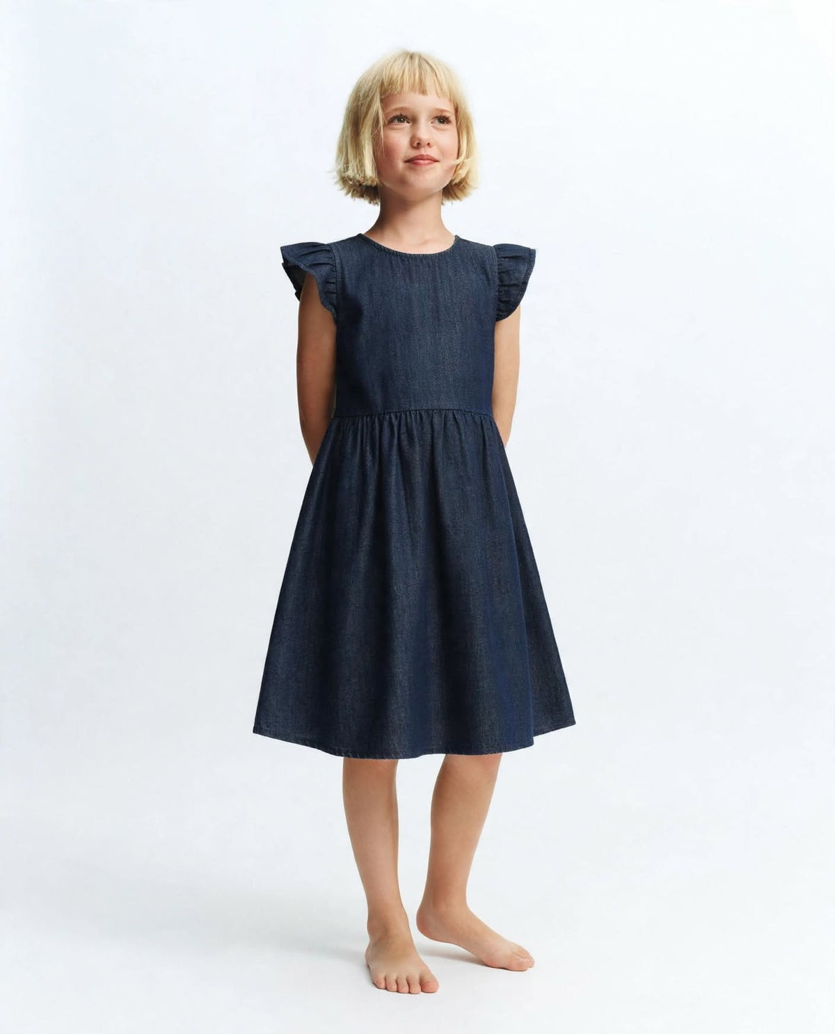 Girls Soft Denim Knee-Length Dress – Lightweight Flutter Sleeve Summer Outfit | Sizes (1-6Years) MH