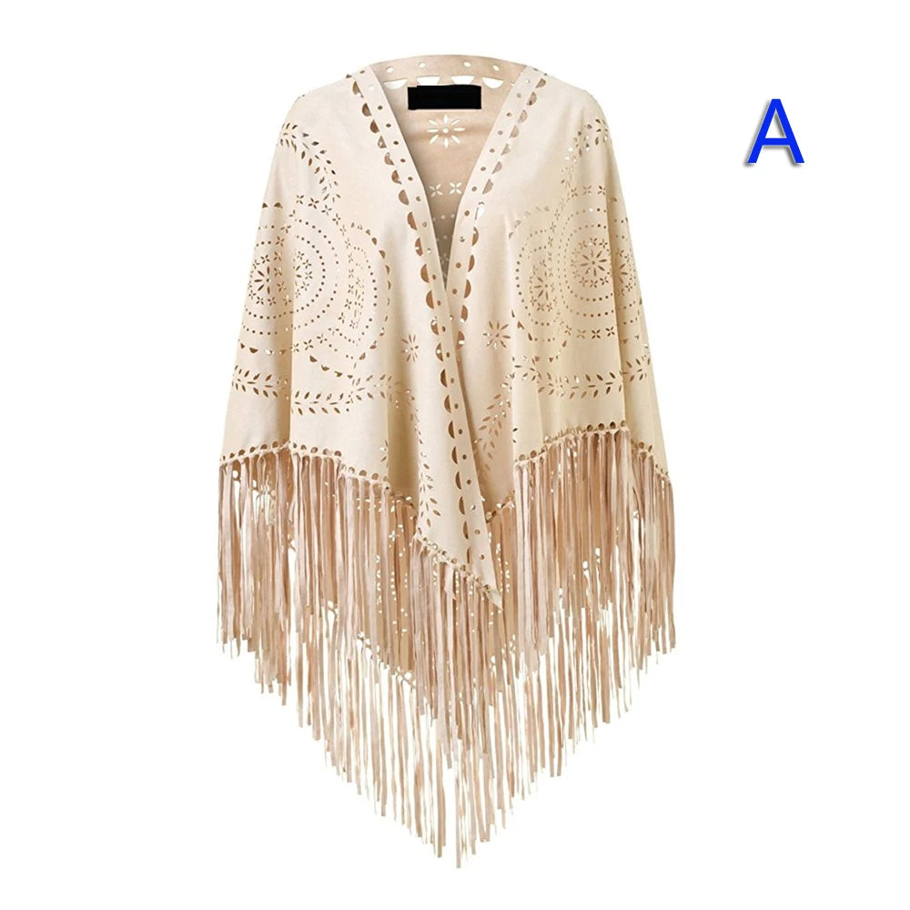 Women's Loose Suede Fringe Open Poncho Cloak Shawl .