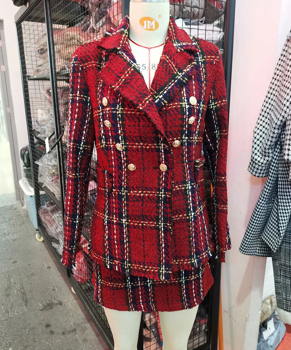 Tweed women red plaid blazers winter fashion women.