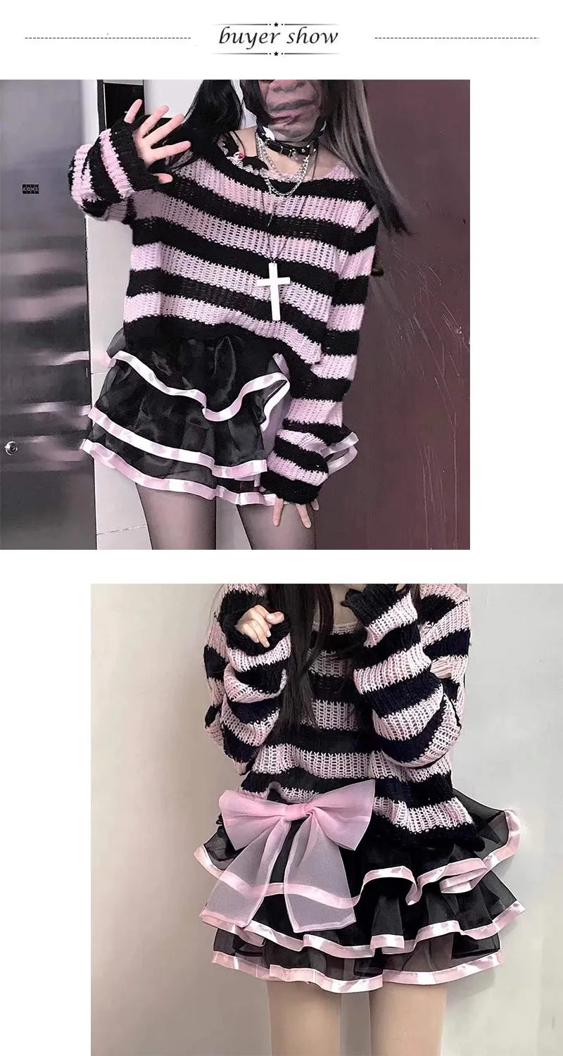 Karrram Pink Striped Gothic Sweaters Women Ripped Holes .