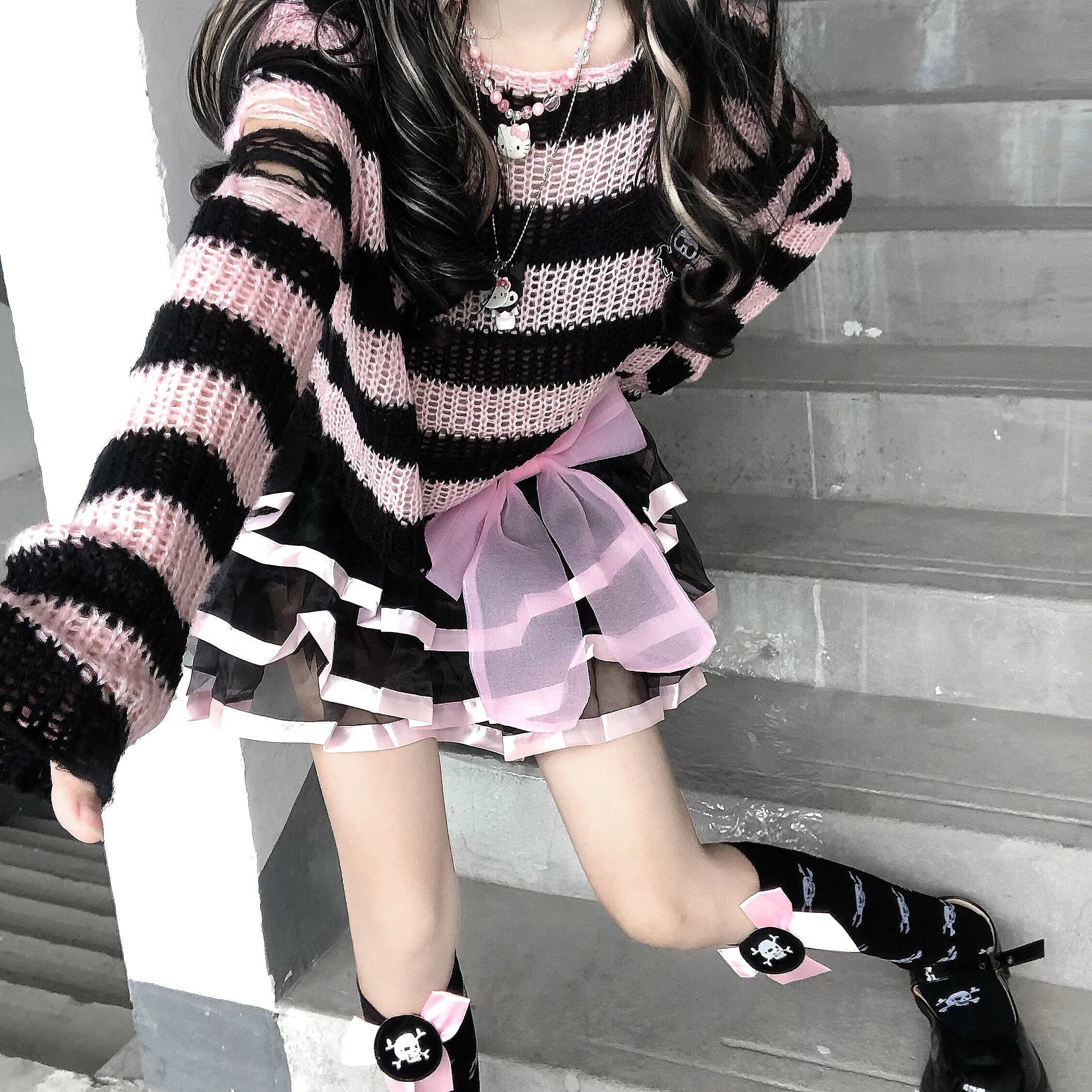 Karrram Pink Striped Gothic Sweaters Women Ripped Holes .
