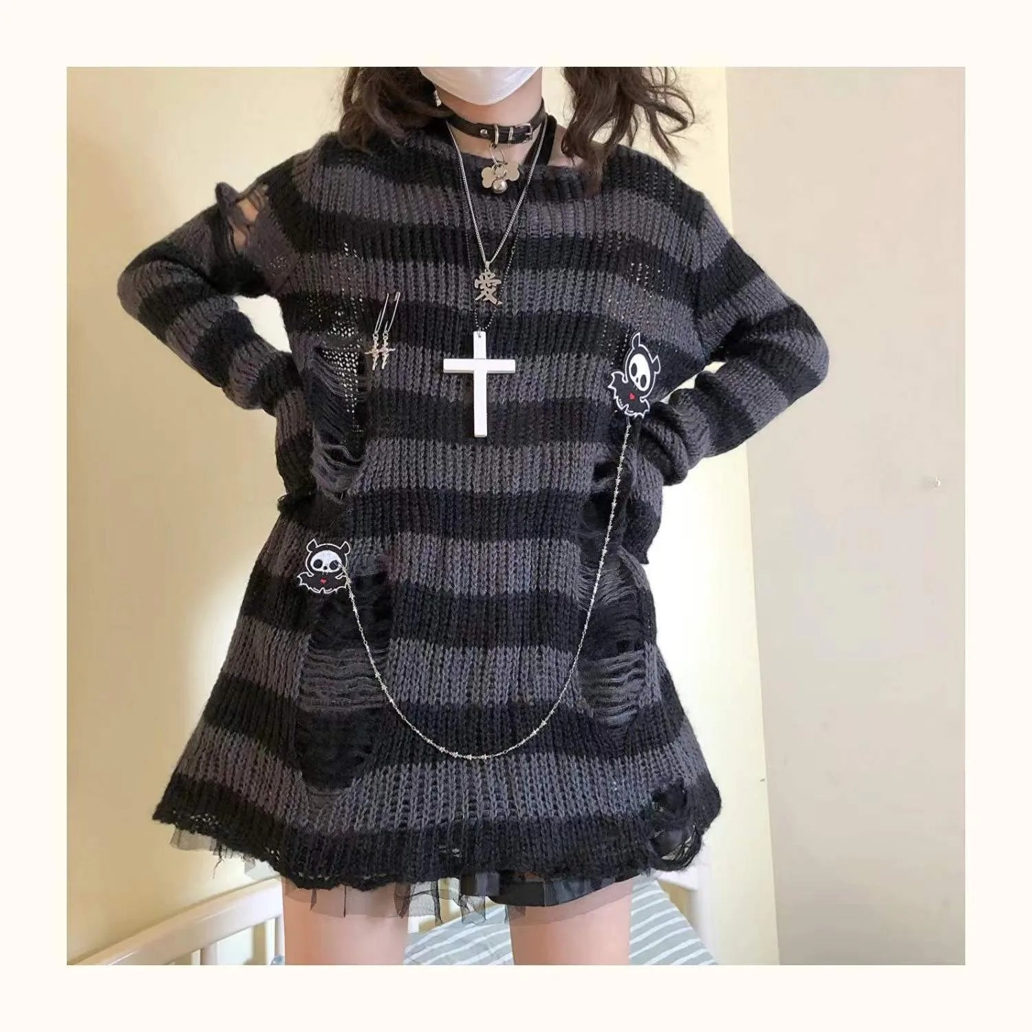 Karrram Pink Striped Gothic Sweaters Women Ripped Holes .