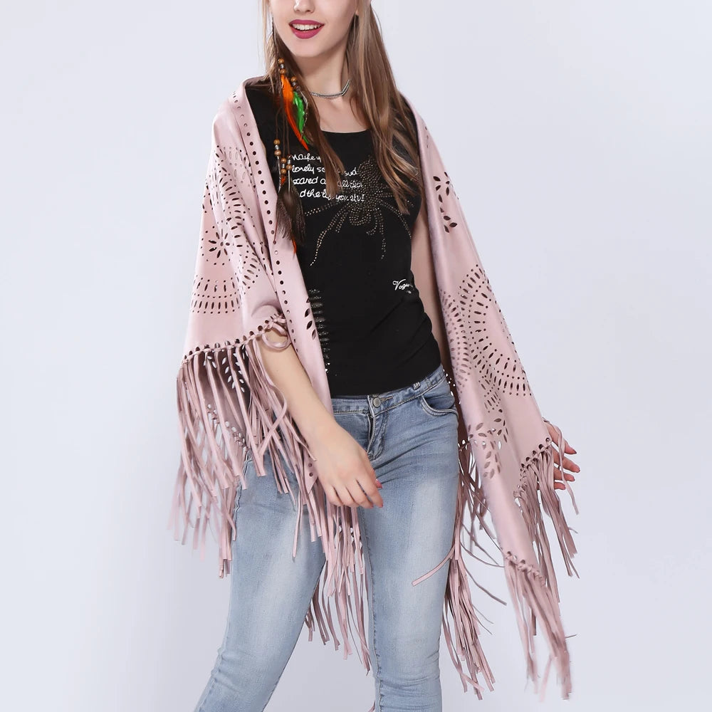 Women's Loose Suede Fringe Open Poncho Cloak Shawl .