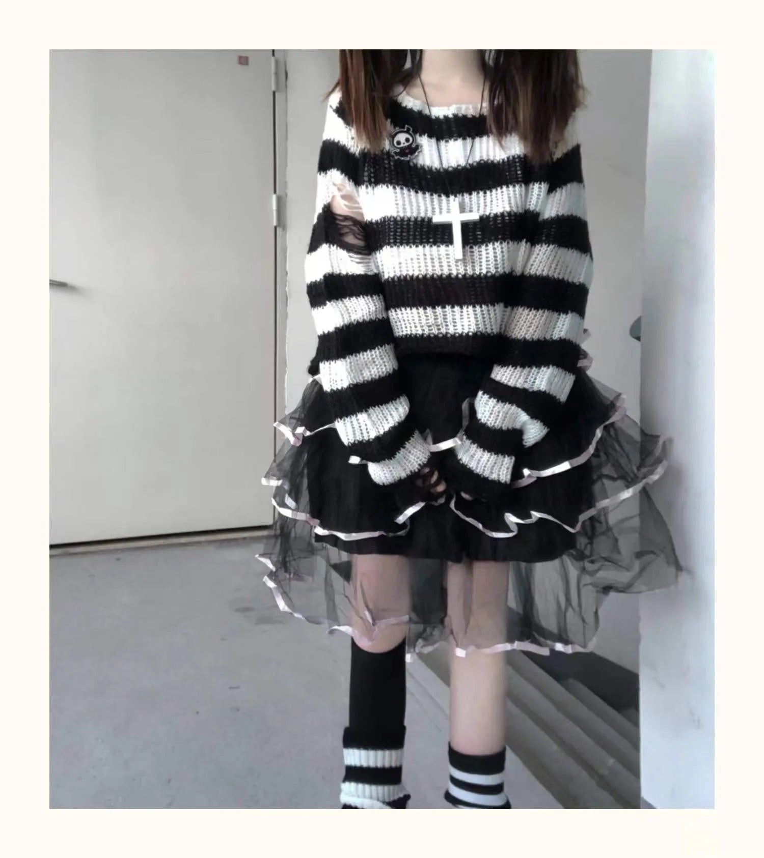 Karrram Pink Striped Gothic Sweaters Women Ripped Holes .