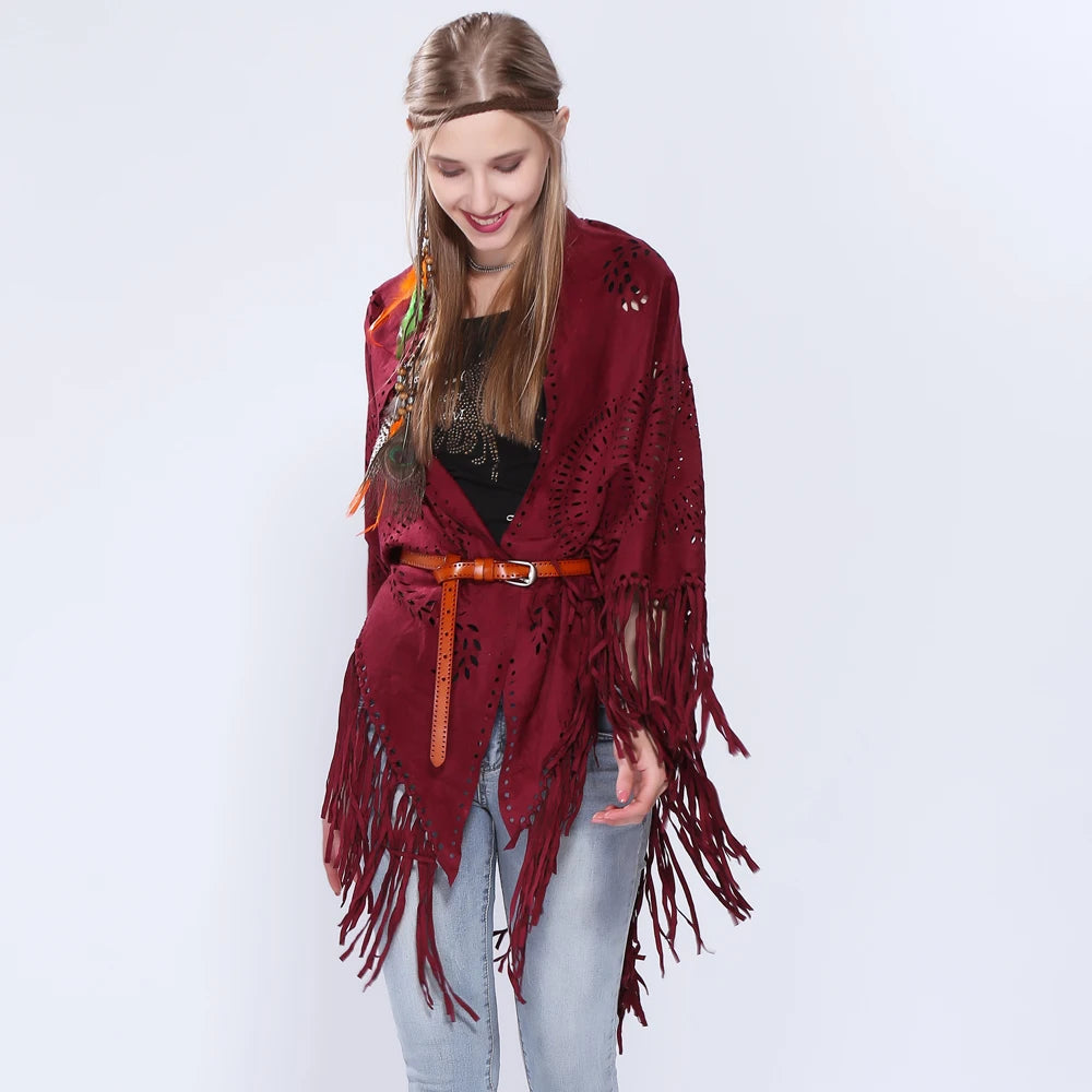 Women's Loose Suede Fringe Open Poncho Cloak Shawl .