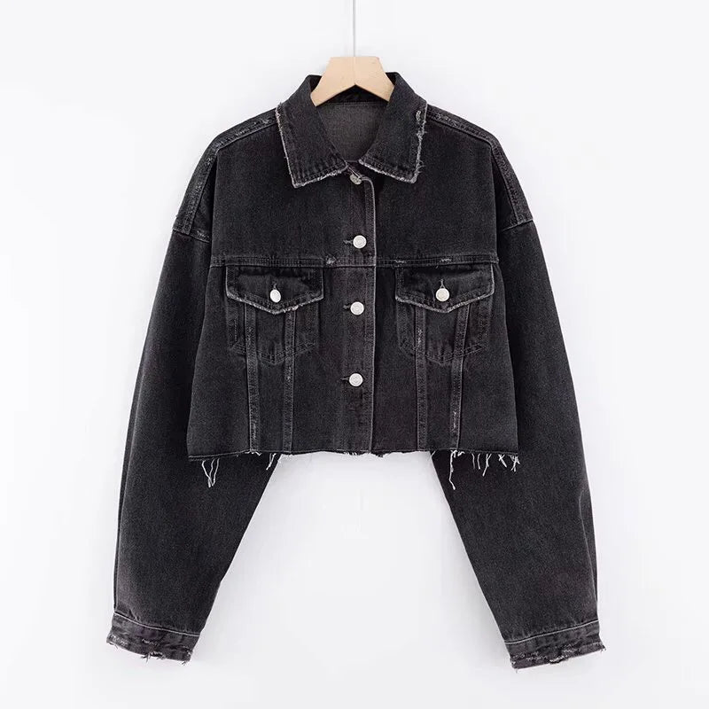 Autumn Drop Shoulder Loose Short Denim Jacket .