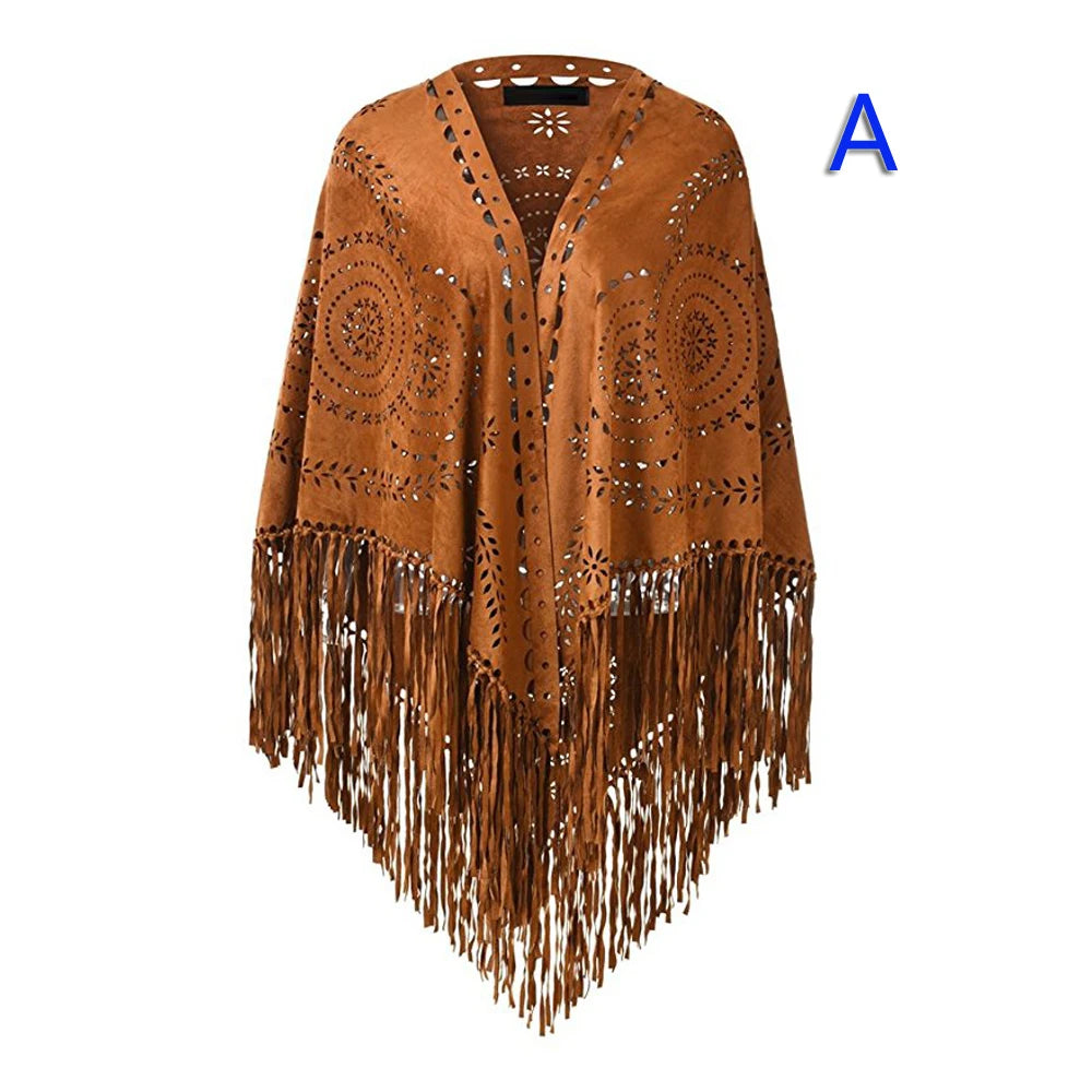 Women's Loose Suede Fringe Open Poncho Cloak Shawl .