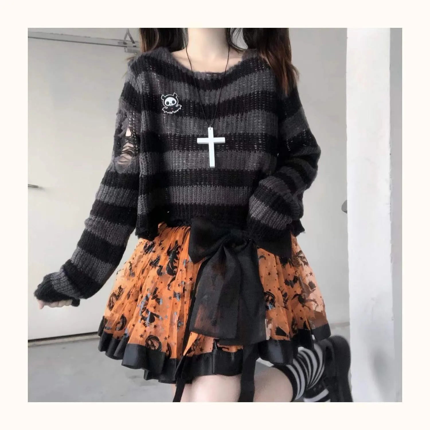 Karrram Pink Striped Gothic Sweaters Women Ripped Holes .