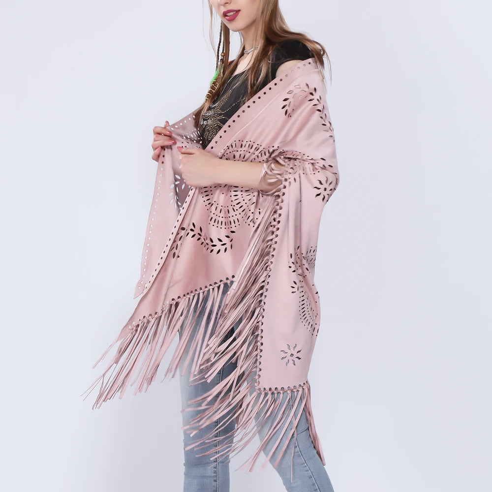 Women's Loose Suede Fringe Open Poncho Cloak Shawl .
