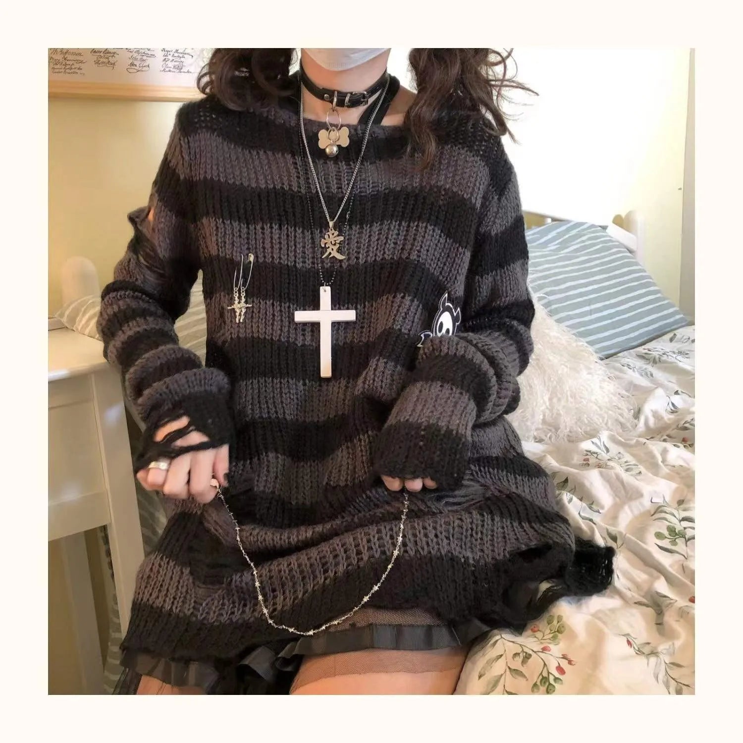 Karrram Pink Striped Gothic Sweaters Women Ripped Holes .