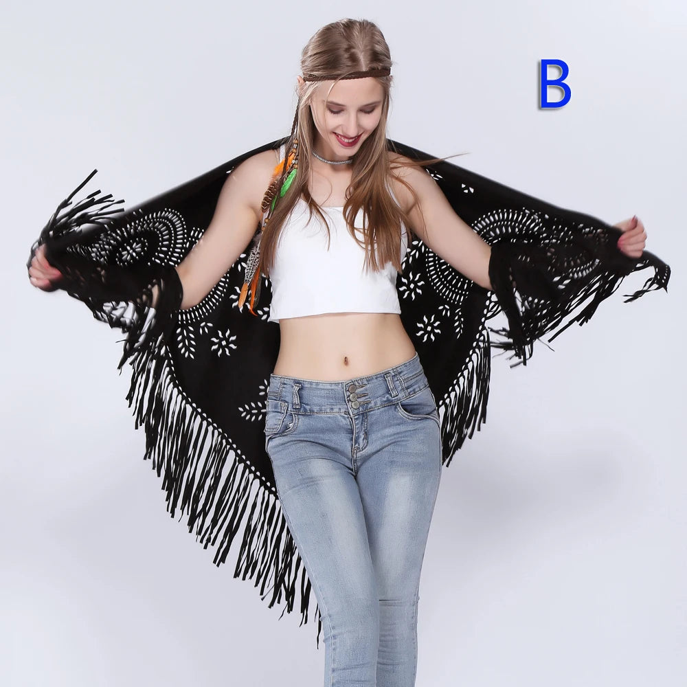 Women's Loose Suede Fringe Open Poncho Cloak Shawl .