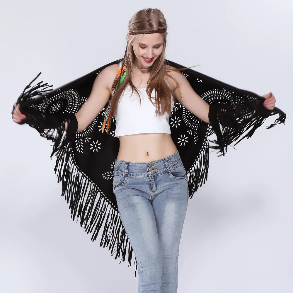 Women's Loose Suede Fringe Open Poncho Cloak Shawl .