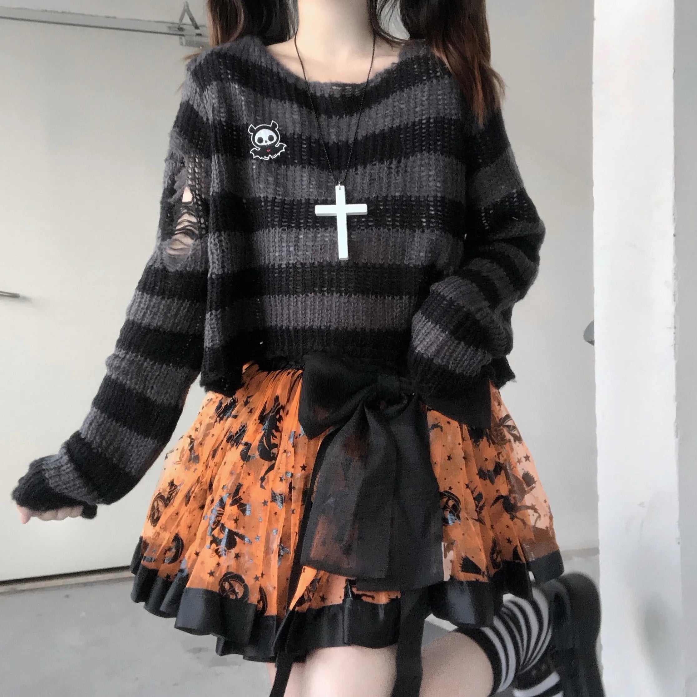 Karrram Pink Striped Gothic Sweaters Women Ripped Holes .