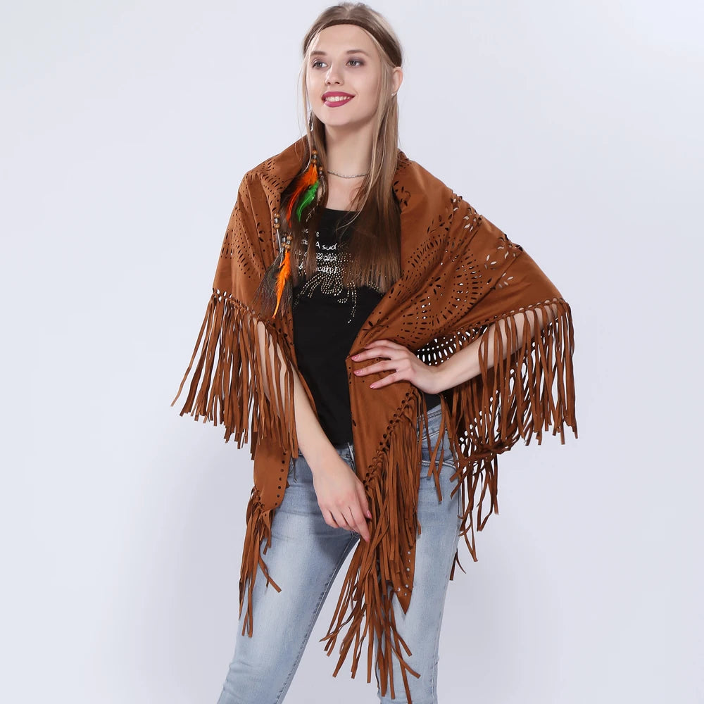 Women's Loose Suede Fringe Open Poncho Cloak Shawl .
