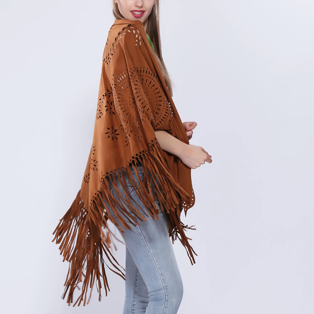 Women's Loose Suede Fringe Open Poncho Cloak Shawl .
