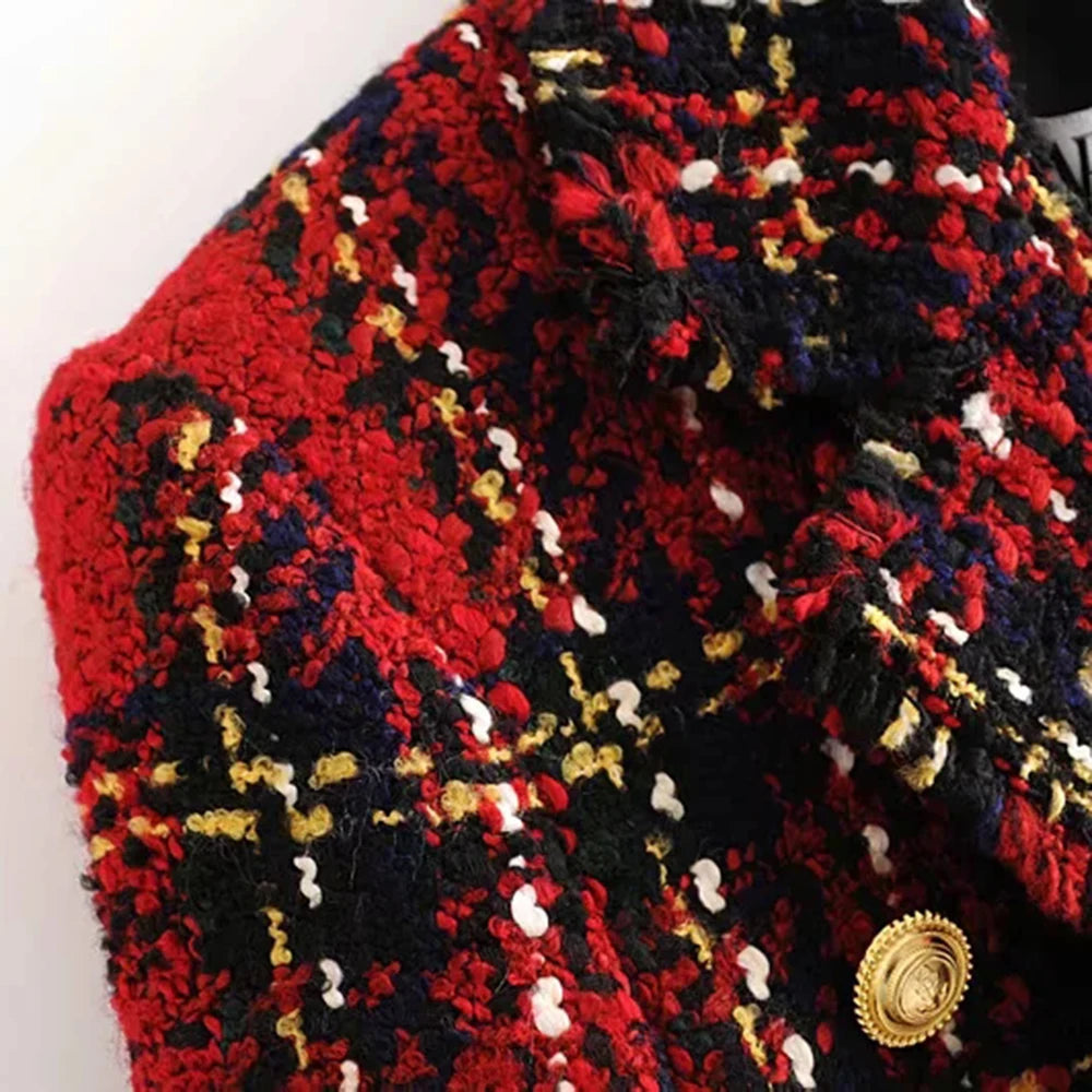 Tweed women red plaid blazers winter fashion women.