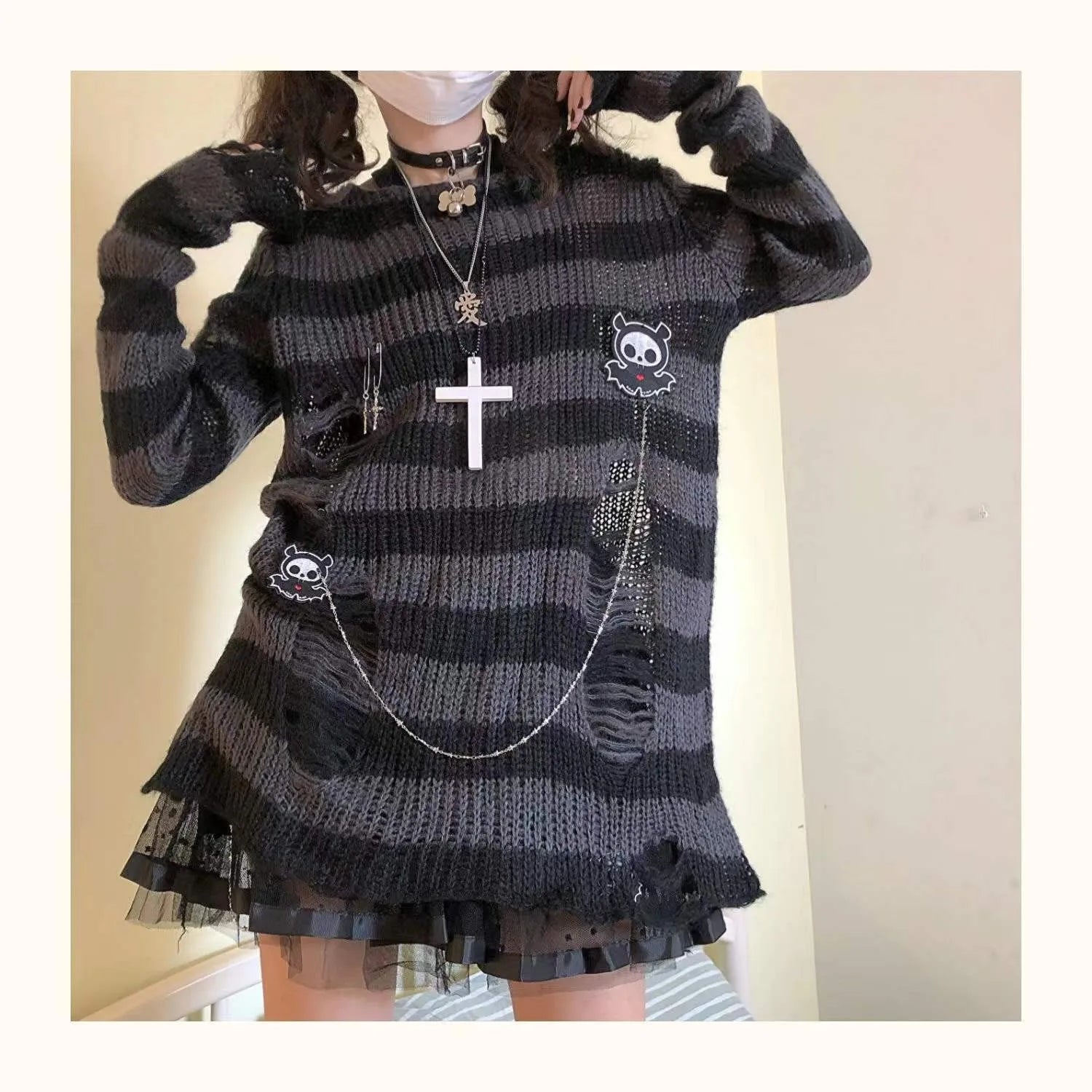 Karrram Pink Striped Gothic Sweaters Women Ripped Holes .
